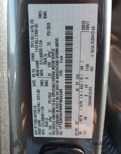 2024 Ford F150 Xlt z USA, uszkodzony, nr VIN 1FTEW3KP8RFB92245